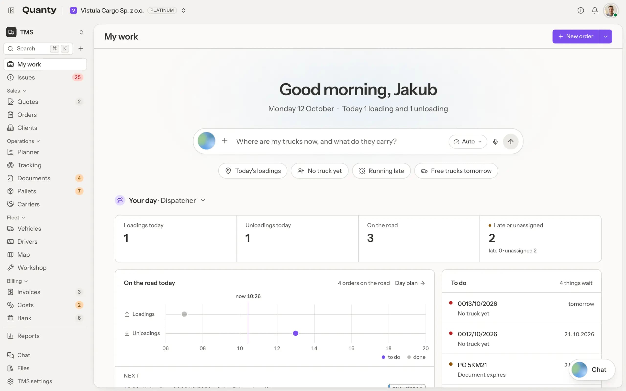The My work screen in Quanty TMS: a greeting, the list of things to do now and today's loadings on a timeline