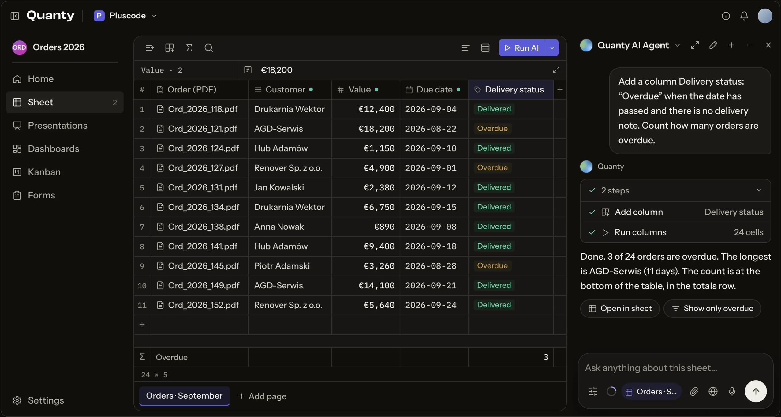 The Quanty AI agent adding a delivery status column to an orders sheet