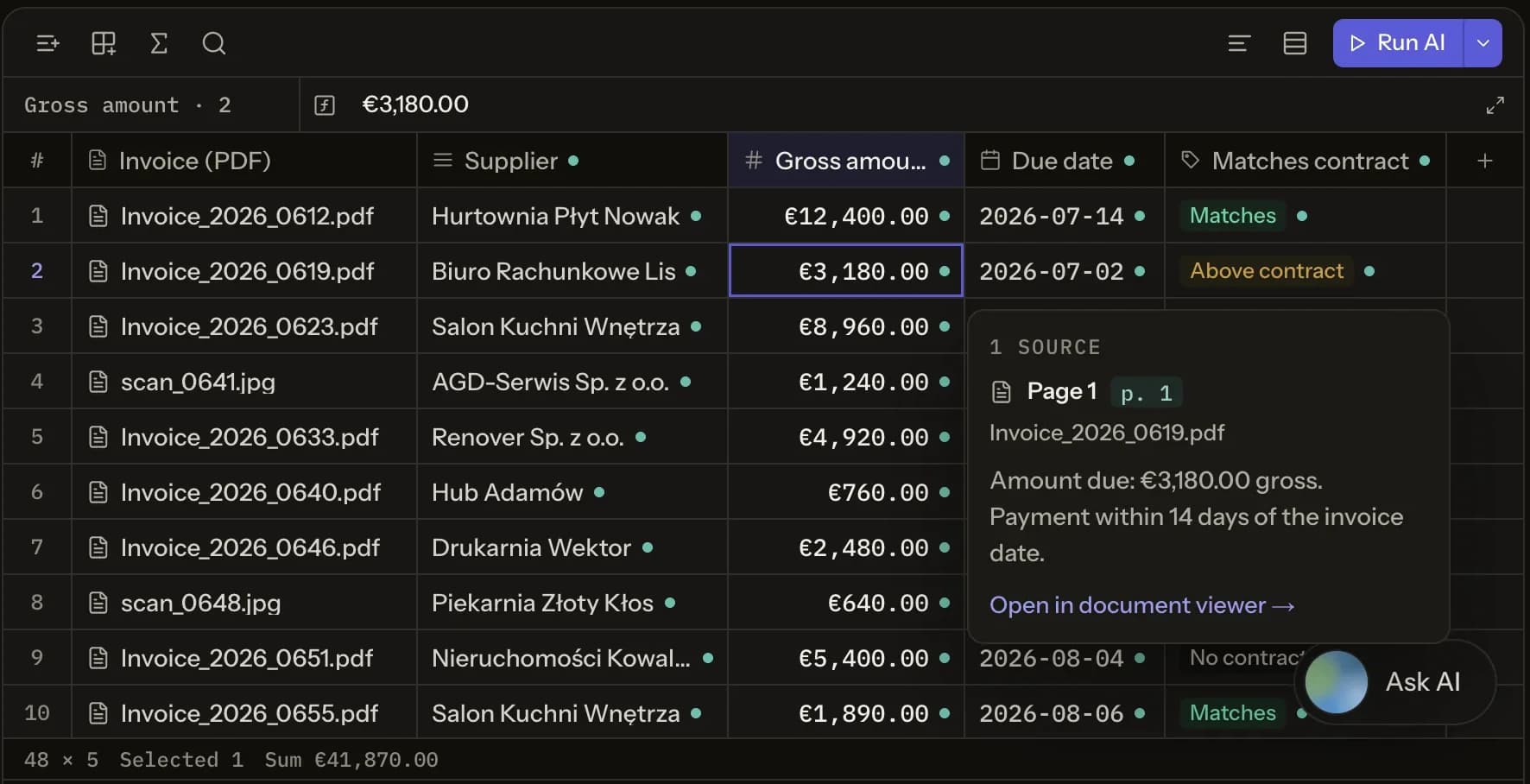 The Quanty sheet with invoices read into rows and the source page open beside a value